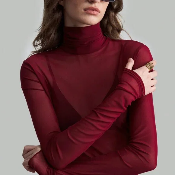 Burgundy  Wine Red Sexy Women's Elegant mesh turtlenck Top - Picture 6 of 8